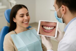 Smiling woman in the dental chair looking at a digital mock-up of her smile that the dentist is holding, showcasing potential cosmetic dentistry results. No text on the image.
