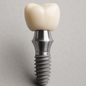 A close up image of a dental implant, abutment, and crown, clearly showing how the three pieces fit together. No text on image.