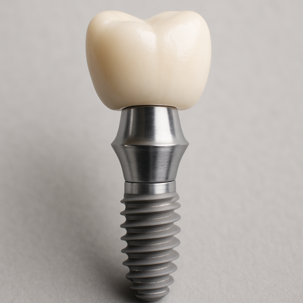 A close up image of a dental implant, abutment, and crown, clearly showing how the three pieces fit together. No text on image.