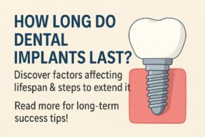 A close-up of a dentist pointing to a dental implant in a patient's mouth, highlighting the connection between the implant, abutment, and crown. No text on image.