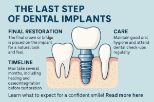 Close up image showcasing the final step of dental implants, where a dentist is carefully attaching a permanent crown to an implant abutment, with dental tools and a focused expression. No text on image.
