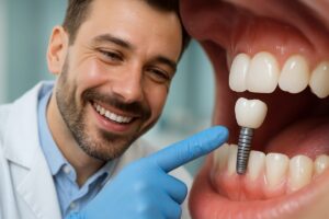 Photo of a dentist smiling and pointing to a dental implant in a patient's mouth, highlighting the connection between the implant and the crown. No text on the image.