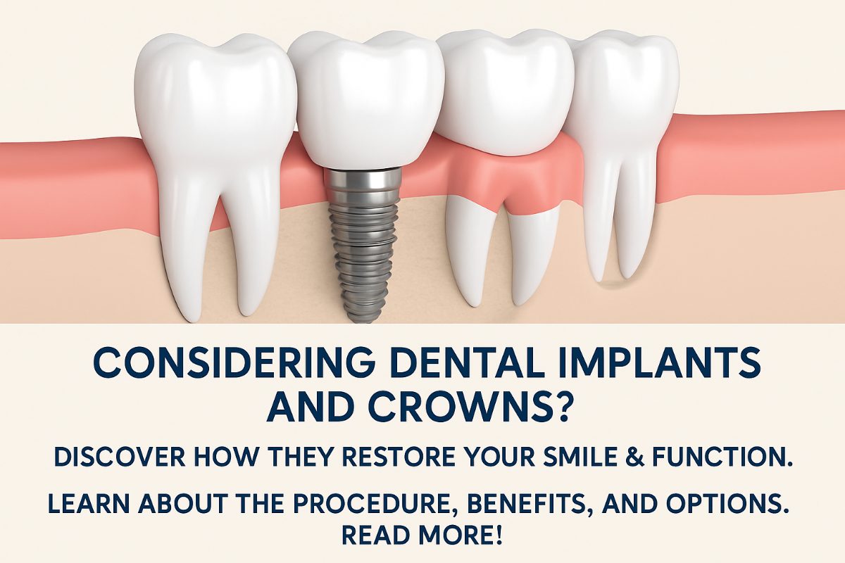 Photo of a dentist smiling and pointing to a dental implant in a patient's mouth, highlighting the connection between the implant and the crown. No text on the image.