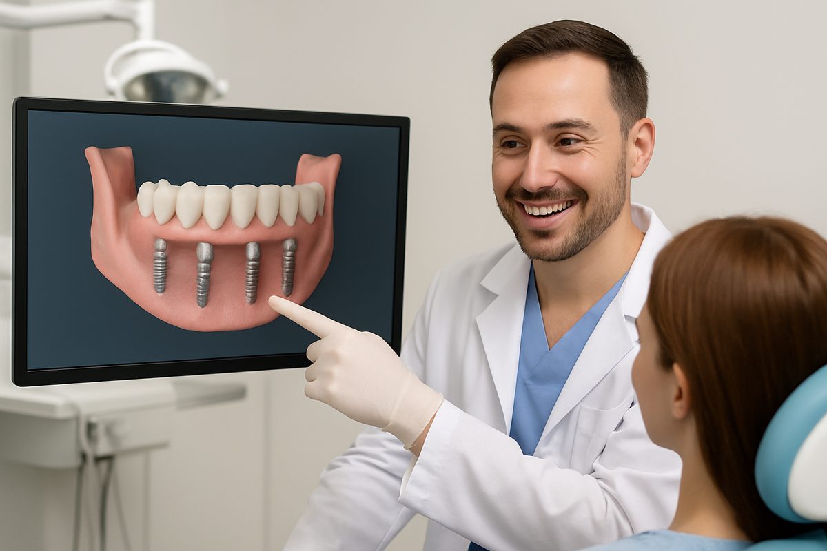 Image of a dentist smiling and pointing to a digital scan of a patient's mouth, showcasing dental implant placement options. The dentist is explaining the process of "getting teeth done" to a patient. No text on image.