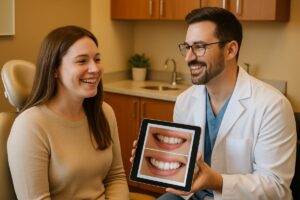A warm and inviting dental office setting with a friendly cosmetic dentist in Lexington, KY, consulting with a smiling patient, showcasing before-and-after photos on a tablet. No text on the image.
