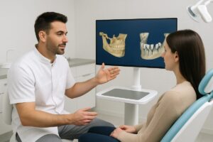 A modern, clean dental office with a dentist consulting a patient about dental implants, using a digital screen to show 3D scans of the patient's jaw. No text on the image.