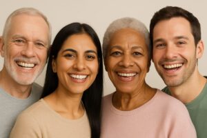 A diverse group of people smiling, showcasing various tooth replacement options: dental implants, bridges, and dentures. No text on image.