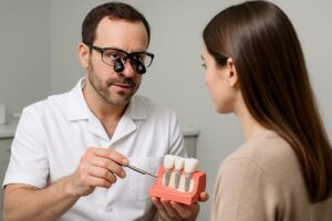 A dentist wearing surgical loupes is consulting with a patient, pointing to a 3D model of dental implants and jaw structure to explain the procedure.