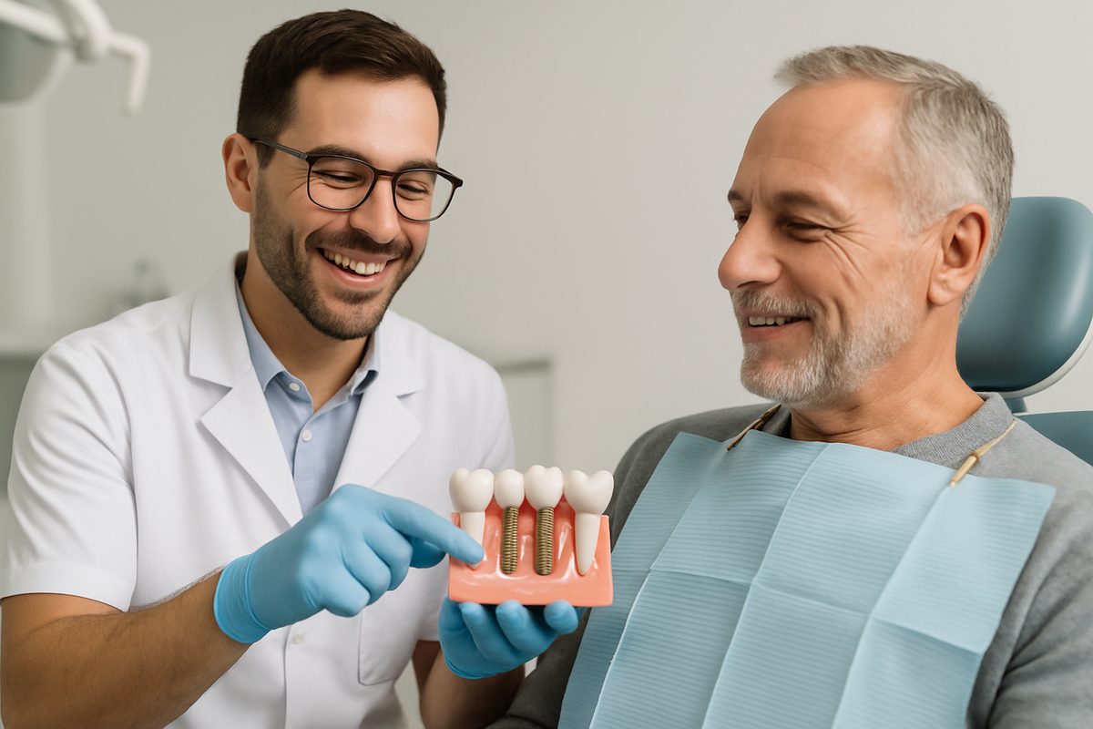 Photo of a dentist smiling while consulting with a patient about full mouth dental implants. The patient is sitting in a dental chair, and the dentist is standing next to them, pointing to a model of dental implants. No text on the image.