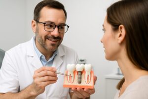 A close-up of a dentist who specializes in implants consulting with a patient, using a 3D model of their mouth to explain the dental implant procedure and its benefits. No text on the image.