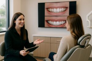 A modern and friendly dental office interior in Lexington, KY, featuring a cosmetic dentist consulting with a patient, showcasing before-and-after photos of smile transformations on a large screen. No text on the image.
