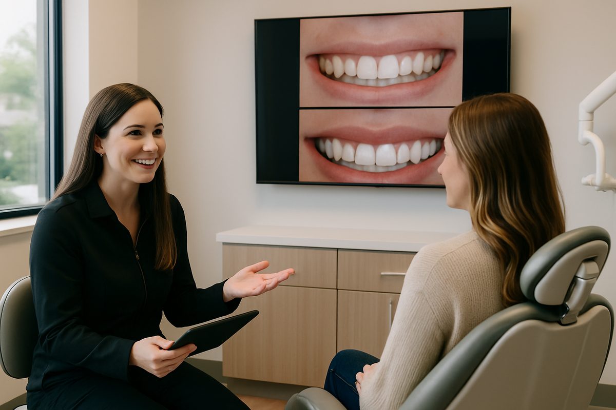 A modern and friendly dental office interior in Lexington, KY, featuring a cosmetic dentist consulting with a patient, showcasing before-and-after photos of smile transformations on a large screen. No text on the image.