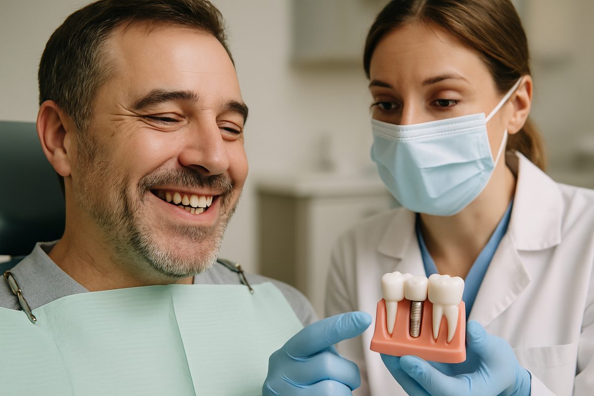 Close up image of a patient post dental implant surgery. The dentist is explaining post-op care to the patient. No text on the image.