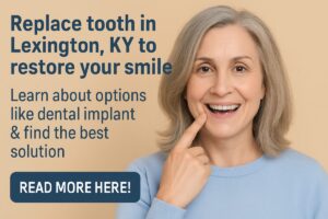 A close up studio shot of a implant tooth screwed into a patients jawbone. No text on the image.