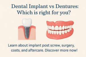 Close up shot of a dentist using a screwdriver-like tool to tighten a screw implant. The dental implant is in focus, with blurred background of the patient's mouth and dental tools. No text on image.