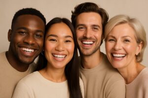 A friendly, diverse group of people happily smiling, showcasing a variety of cosmetic dental enhancements from teeth whitening to veneers. The image conveys confidence and satisfaction with their smiles. No text on image.