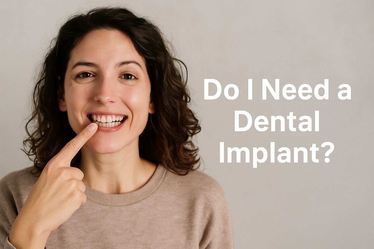 Smiling woman pointing to a gap in her teeth with the text overlay "Do I Need a Dental Implant?".