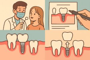 Image depicting a step-by-step infographic that details "How to Do Dental Implants", including initial exam, treatment planning, surgical placement, and final restoration. No text on the image.