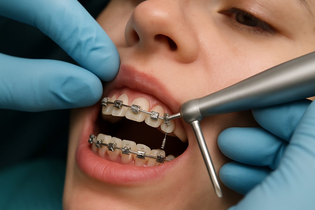 Close-up image of an orthodontist carefully placing a temporary anchorage device (TAD) into a patient's jaw, with orthodontic braces visible on the teeth. No text on image.