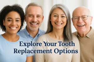 A diverse group of people smiling, showcasing various tooth replacement options such as dental implants, bridges, and dentures. The image should be bright, welcoming, and professional, with the text "Explore Your Tooth Replacement Options" overlaid.