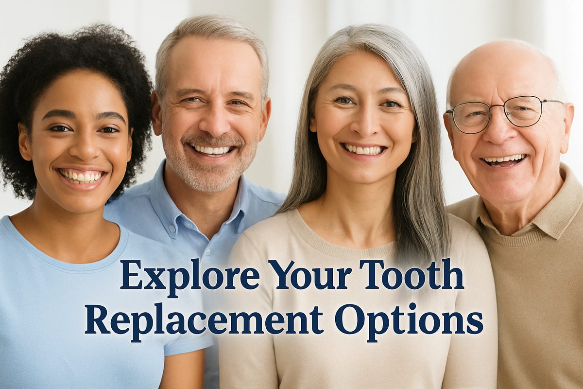 A diverse group of people smiling, showcasing various tooth replacement options such as dental implants, bridges, and dentures. The image should be bright, welcoming, and professional, with the text "Explore Your Tooth Replacement Options" overlaid.