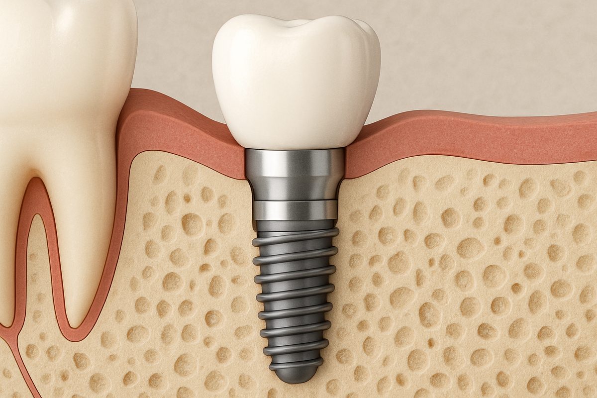 Close up animated diagram of a dental implant in the jawbone, showing the implant fixture, abutment, and crown, clearly labeled. No text on the image.