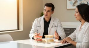 A dentist explains All-on-4 dental implants to a patient using 3D models in a modern dental office.