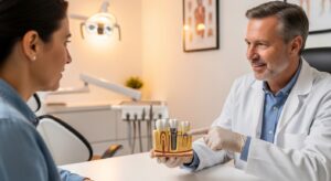 Dentist explaining dental implant model to patient in clinic