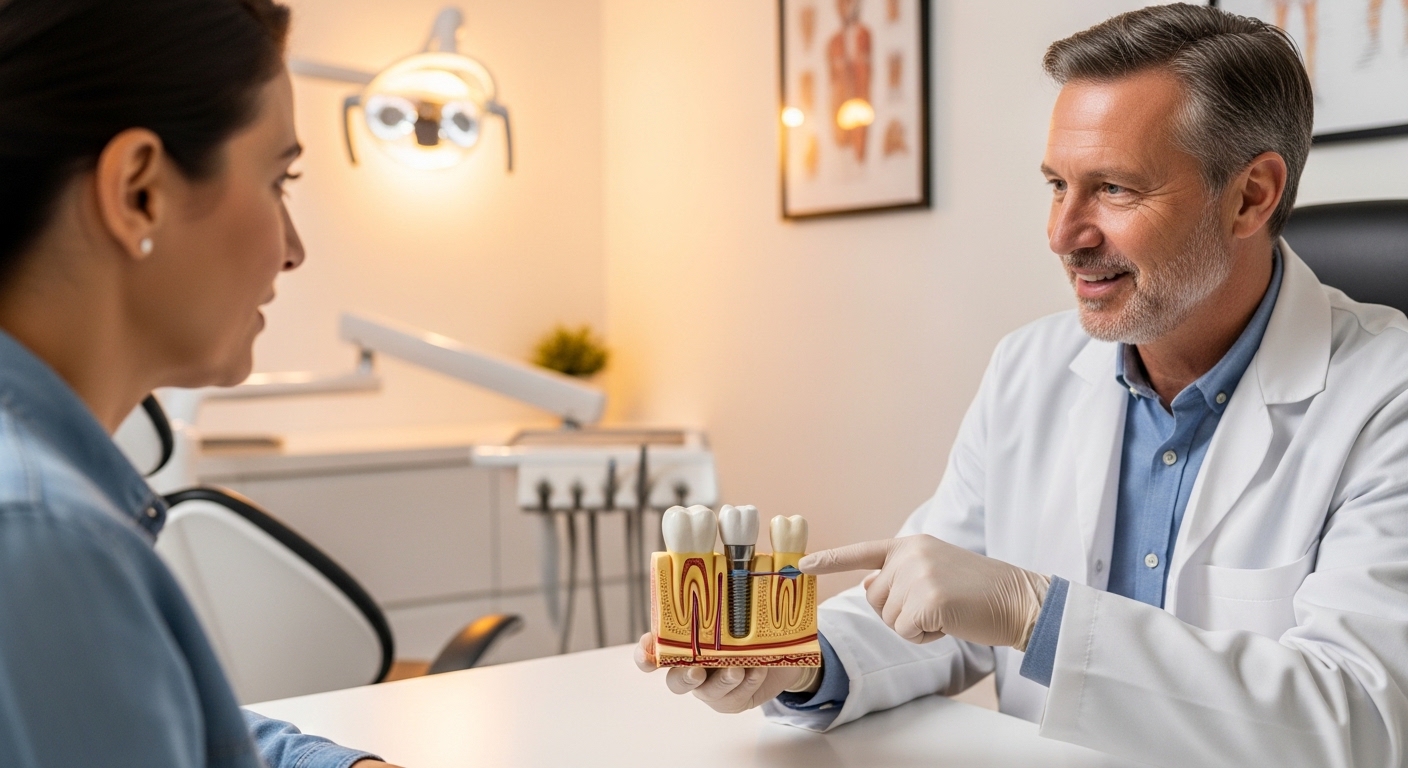 Dentist explaining dental implant model to patient in clinic