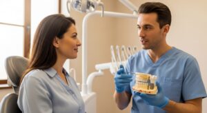 Dentist discussing implant options with patient in a dental office