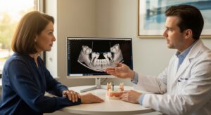 Dentist explaining dental implant costs to a patient in a modern clinic