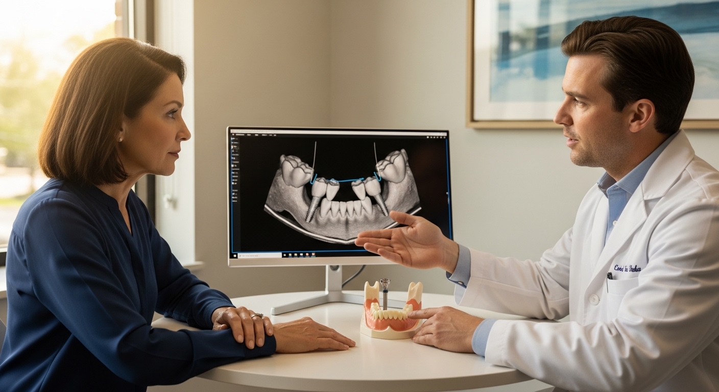 Dentist explaining dental implant costs to a patient in a modern clinic
