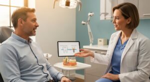Dentist discussing dental implants with a patient in a modern office