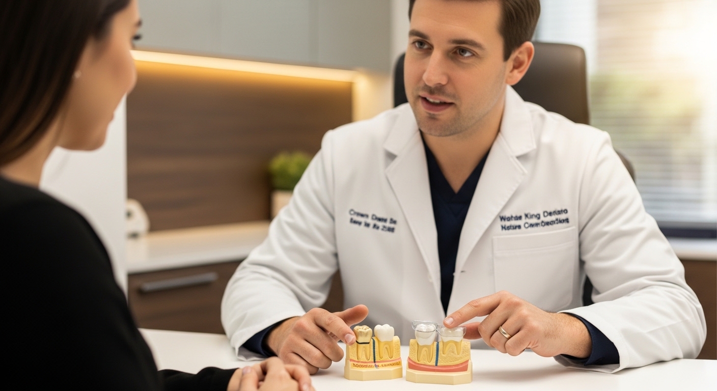 Dentist explaining the difference between a crown and a veneer to a patient