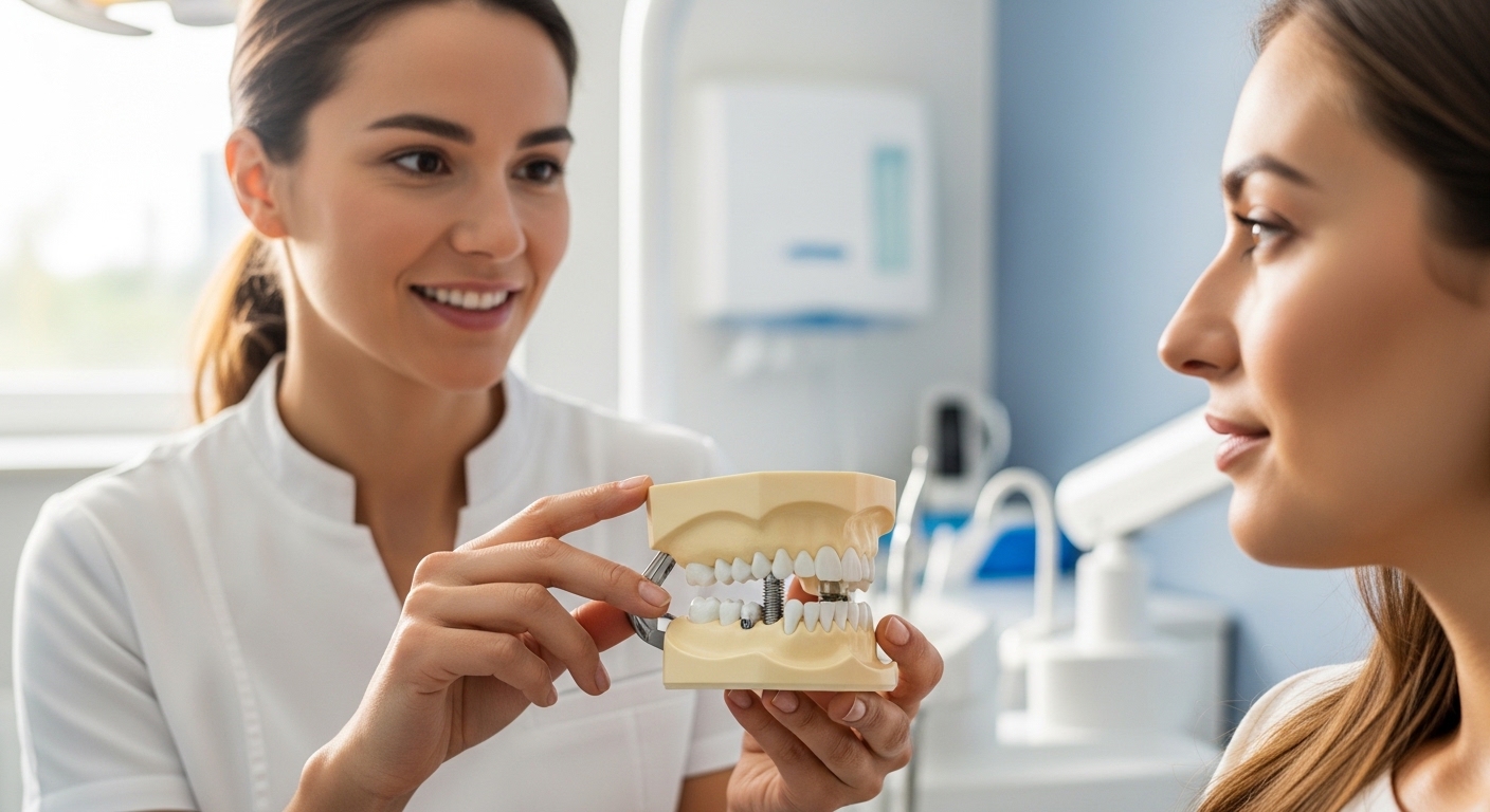 A dentist discussing All-on-4 dental implants with a patient