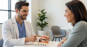Dentist consulting with a patient in a modern dental office