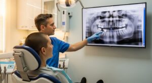 Dentist explaining X-ray to a patient in modern dental clinic