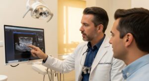 A dentist consulting a patient about all-on-four dental implants in a modern office.