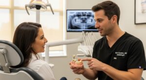 Patient consulting with implantologist Seth Chambers in a modern dental office.