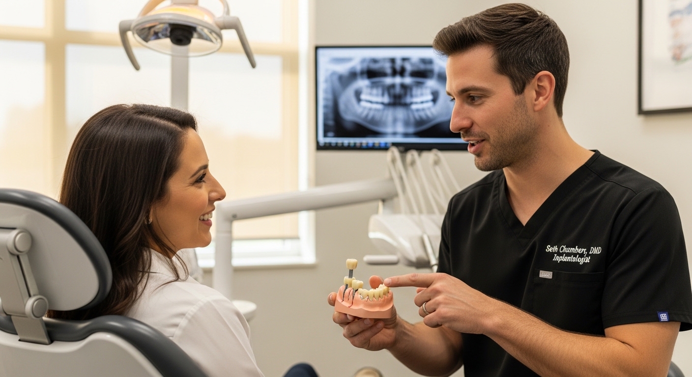 Patient consulting with implantologist Seth Chambers in a modern dental office.