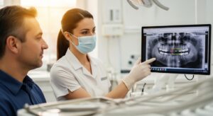Dentist and patient in a consultation at a modern dental practice