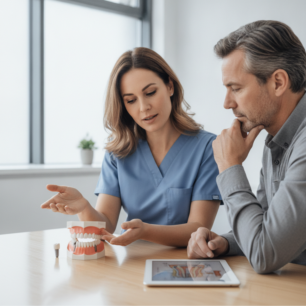 Dentist explaining dental implants to a patient with models on the table