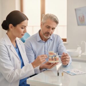 Patient discussing dental implants with a dentist in a modern office
