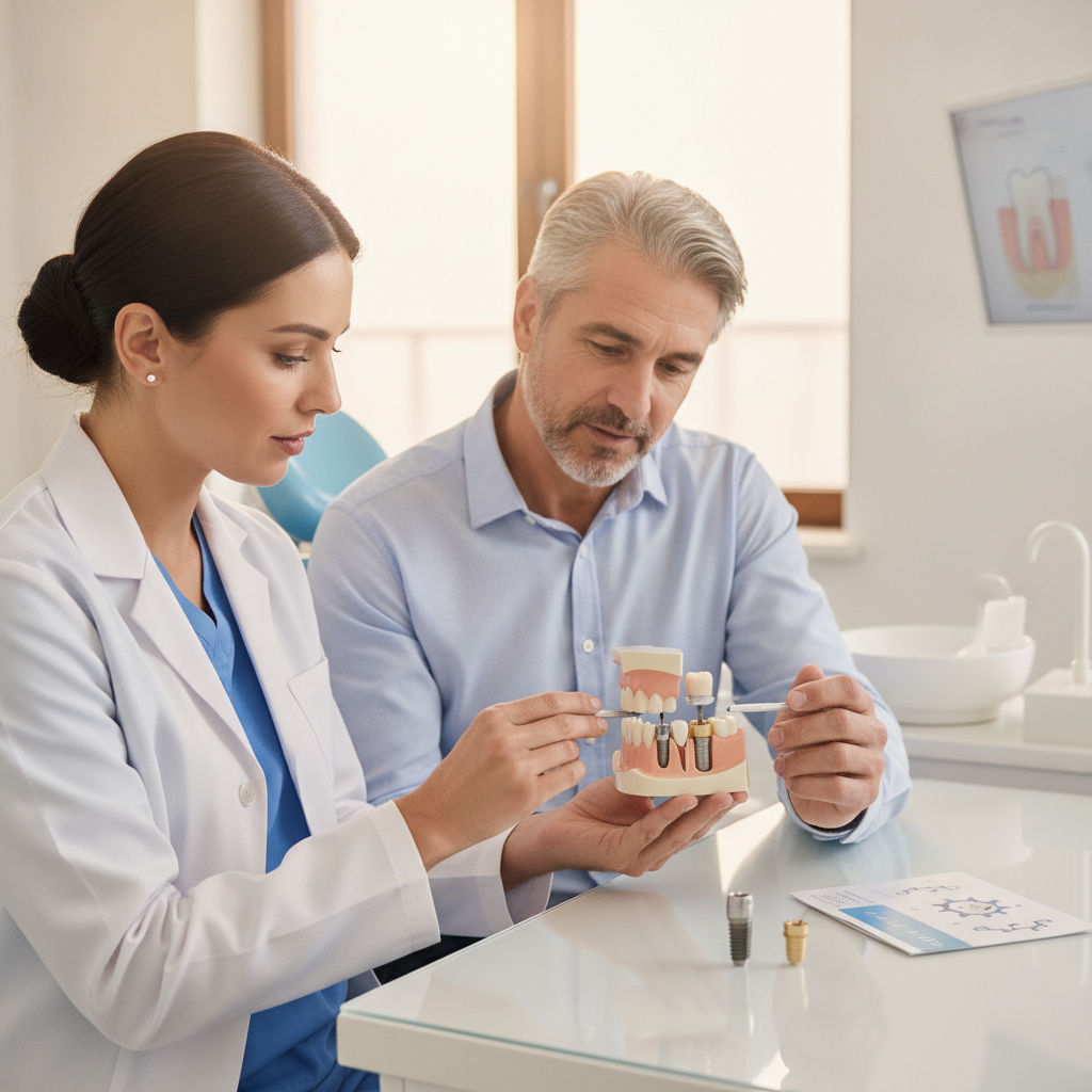Patient discussing dental implants with a dentist in a modern office