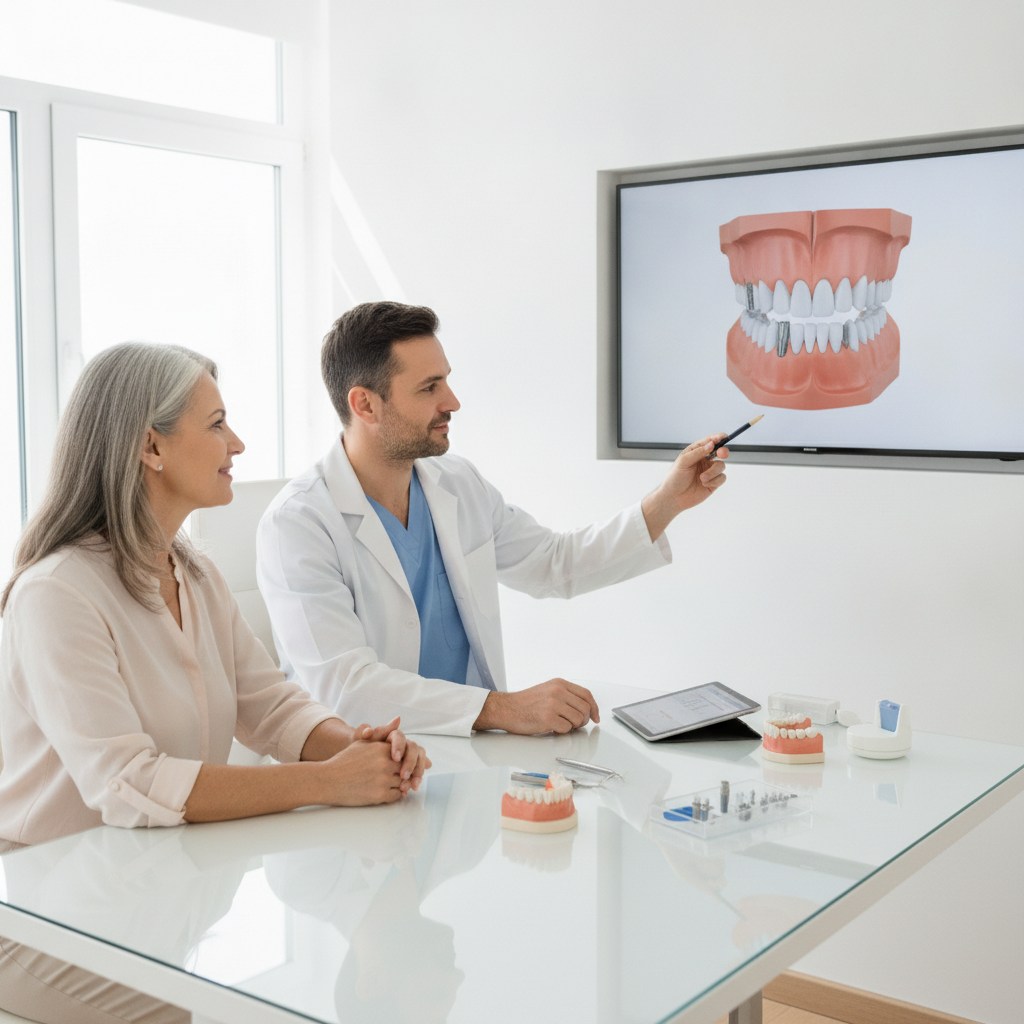 Dentist consulting a patient about full mouth dental implants with a dental model.