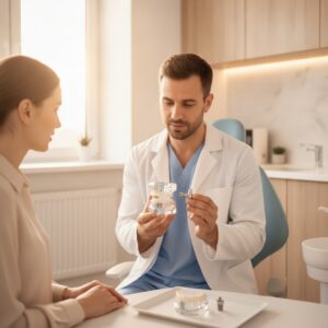 A dentist explaining dental implants to a patient using a model.