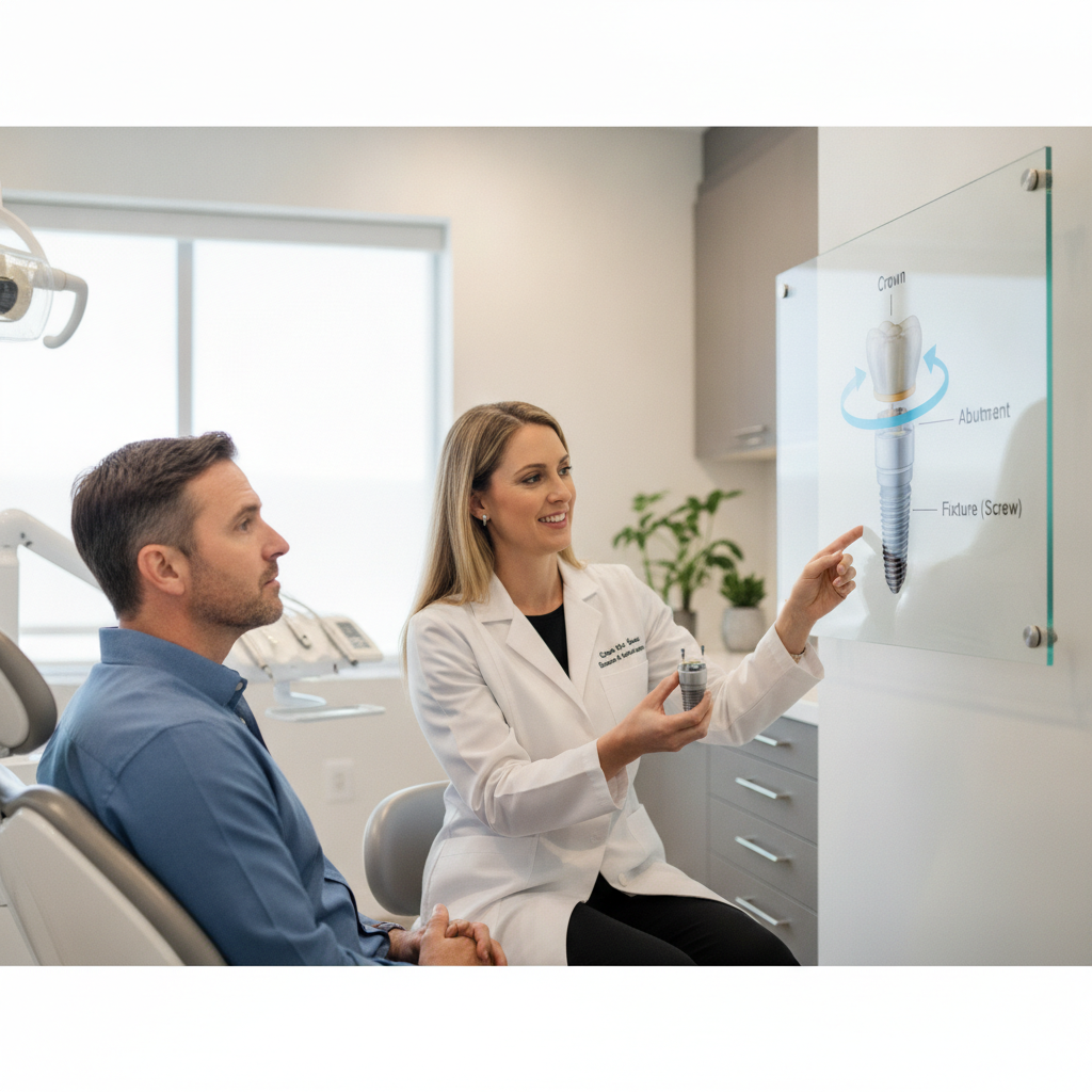 Dr. Chambers explains dental implant components to a patient using visual aids.