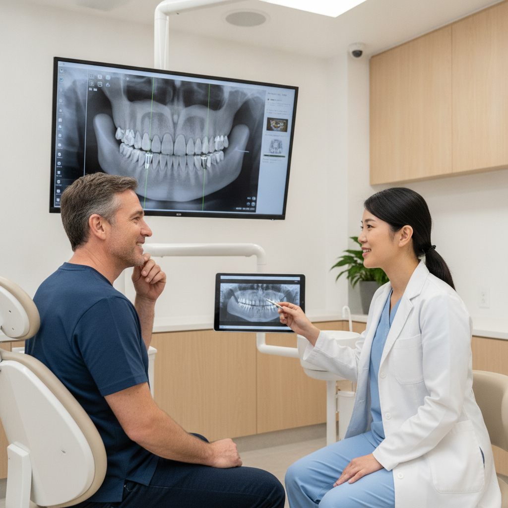 Patient consultation in a modern dental clinic setting discussing dental implant options