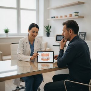Dentist consulting patient about dental implants in modern office
